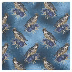 Tecido Aves coroadas com flores em azul