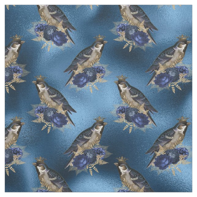 Tecido Aves coroadas com flores em azul (Modelo)