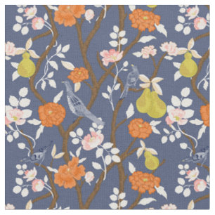 Tecido Aves de Chinoiserie Azul e Laranja