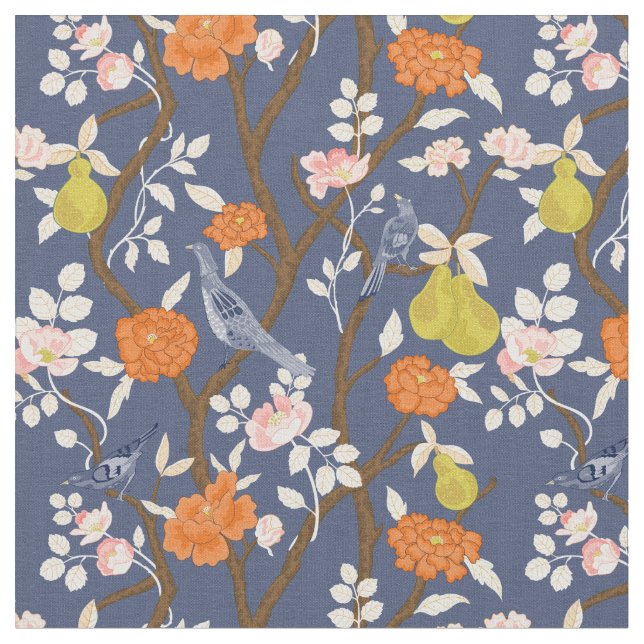 Tecido Aves de Chinoiserie Azul e Laranja (Detalhe)