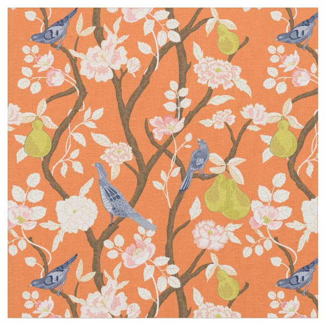 Tecido Aves de Chinoiserie Laranja e Azul (Detalhe)