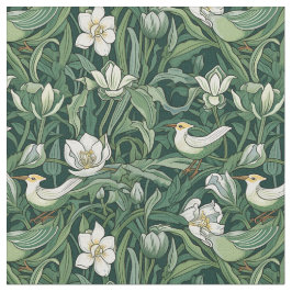 Tecido Aves e Tulipas Arte Verde Nouveau