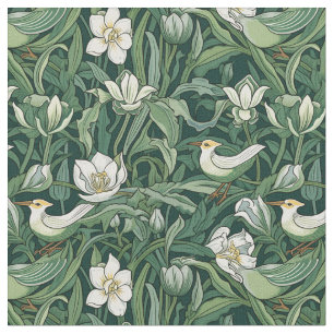 Tecido Aves e Tulipas Arte Verde Nouveau