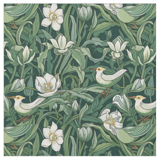 Tecido Aves e Tulipas Arte Verde Nouveau