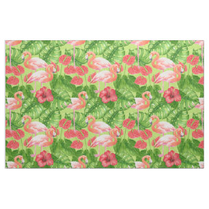 Tecido Aves Flamingo e plantas tropicais
