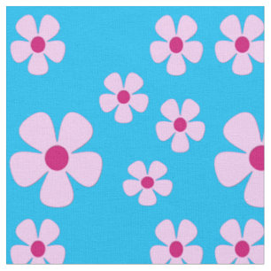 Tecido Azul-Céu com Flores Rosa