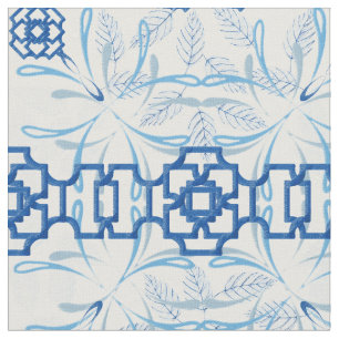 Tecido Azul e Branco - Floral Geométrico