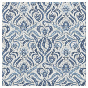 Tecido Azul e Branco Folhas de penas Damasco Floral
