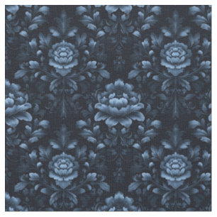 Tecido Azul Escuro e Damasco Floral Preto