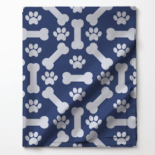 Tecido Azul Marinho e Ossos de Cachorro com Estampa de Pe