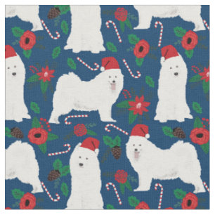 Tecido Azul marinho floral de Natal de cão com Samoyed
