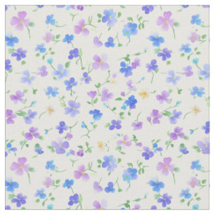 Tecido Azul Pequeno e Flores Roxas em Branco