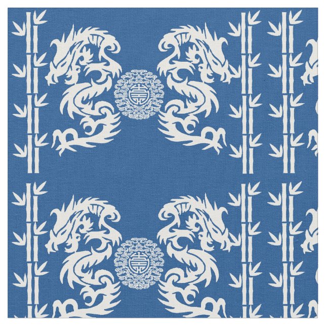 Tecido Azul profundo com dragões e bambu (Detalhe)