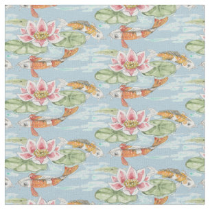 Tecido Azul Tropical Koi & Lotus Fish Pond Watercolor