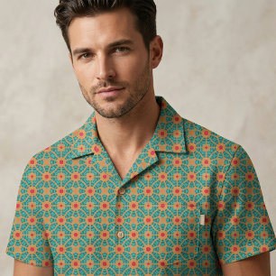 Tecido Azul-verde Laranja Queimado e Vermelho Mosaico Geo