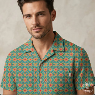 Tecido Azul-verde Laranja Queimado e Vermelho Mosaico Geo