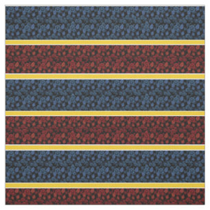 Tecido Azul/vermelho-dourado/listra branca - preto