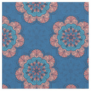 Tecido Azulejo Floral de Mandala em Azul e Rosa
