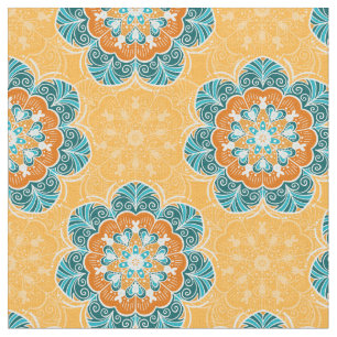Tecido Azulejo Floral Mandala em Laranja e Teal