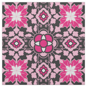 Tecido Azulejo Floral Marroquino, Fúchsia Pink & Cinza /