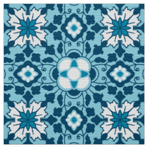 Tecido Azulejo Floral marroquino, Indigo, Sky Blue e Whit