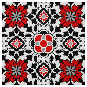 Tecido Azulejo floral marroquino, vermelho profundo, pret
