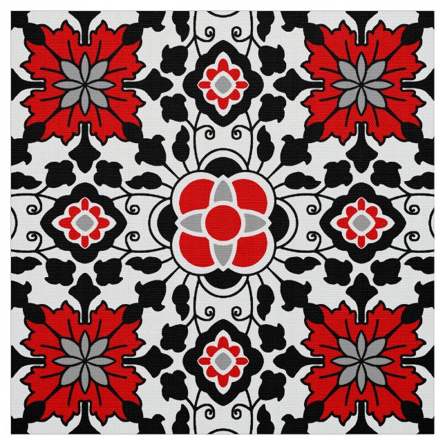 Tecido Azulejo floral marroquino, vermelho profundo, pret (Modelo)