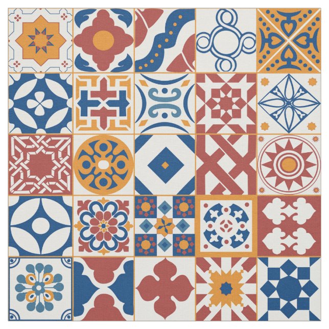 Tecido Azulejo marroquino - azul e bordo (Modelo)