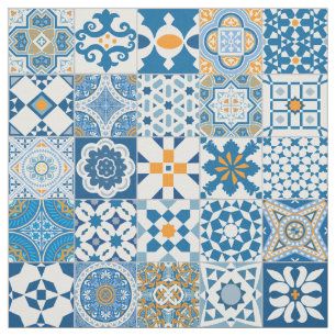 Tecido azulejo marroquino - azul e laranja