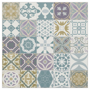 Tecido Azulejo marroquino - azul pastel e ouro