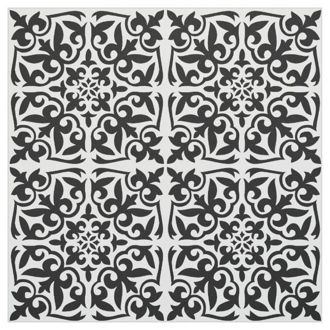 Tecido Azulejo marroquino - branco com fundo preto (Modelo)