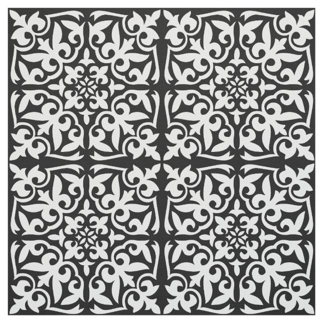Tecido azulejo marroquino - branco com fundo preto (Modelo)