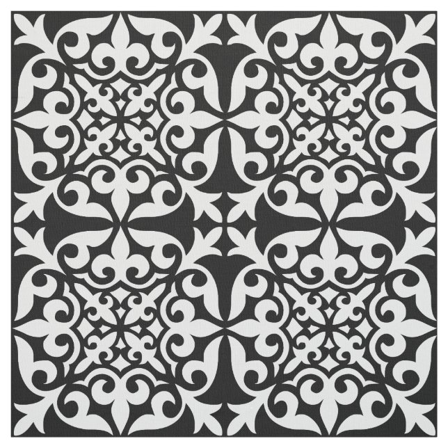 Tecido Azulejo marroquino - branco com fundo preto (Modelo)
