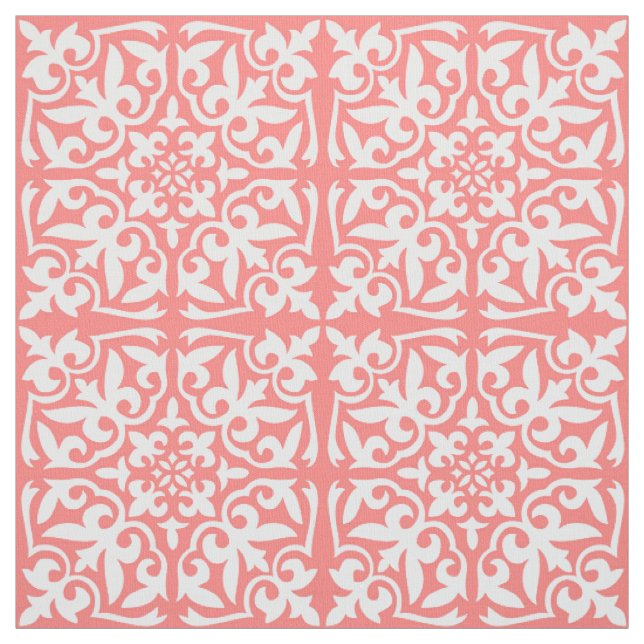 Tecido Azulejo marroquino - cor-de-rosa coral e branco (Modelo)
