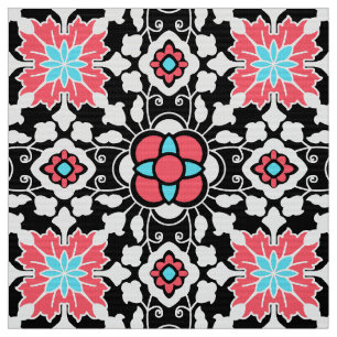 Tecido Azulejo marroquino floral, preto, branco e rosa do