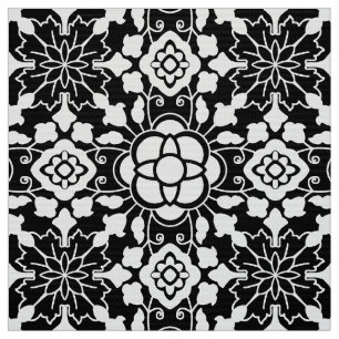 Tecido Azulejo marroquino floral, preto e branco