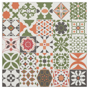 Tecido Azulejo marroquino - verde, preto, vermelho