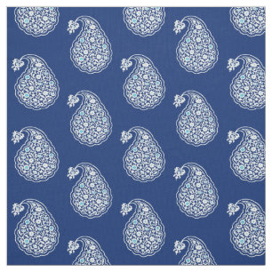 Tecido Azulejo persa paisley - branco no azul de índigo