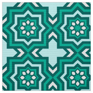 Tecido Azulejo, turquesa, cerceta, Aqua e branco