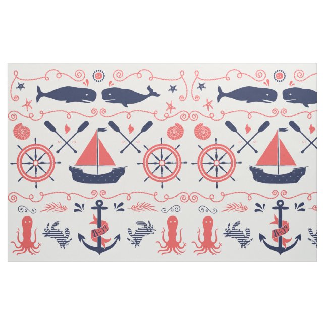 Tecido Baleias Marinhos de Coral Laranja Náuticas - Cabos (Fat Quarter)