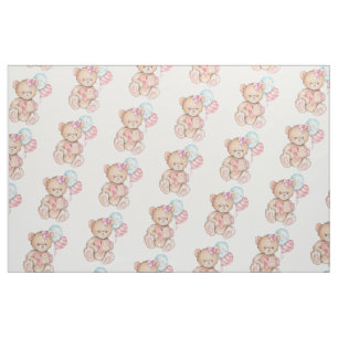 Tecido Balões Cor-de-Rosa e Azul e Bebê Urso Teddy