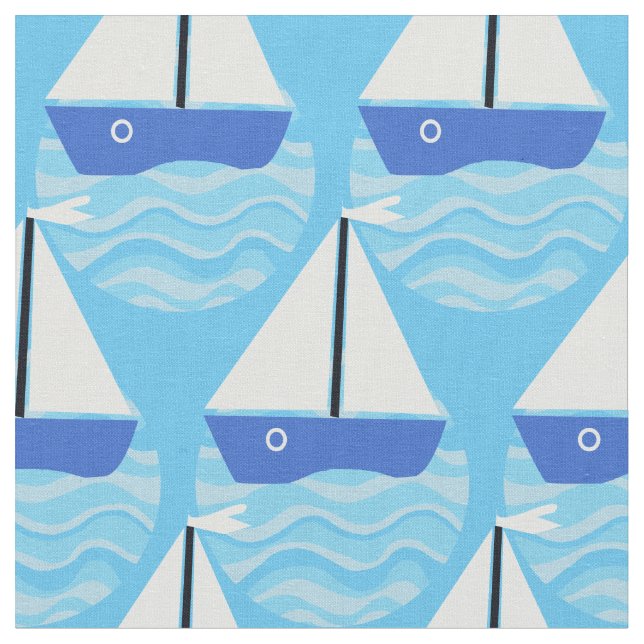 Tecido Barco azul com velas brancas em ondas oceânicas (Detalhe)