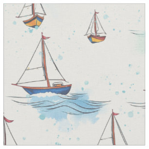 Tecido Barcos de Navegação Vermelha Serene Azul no Padrão