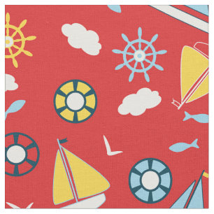 Tecido Barcos Marinhos Amarelos Aves de Pesca Vermelha Ná