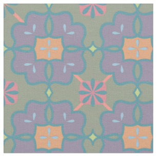 Tecido Beleza Floral Púrpura, Coral, Verde e Laranja