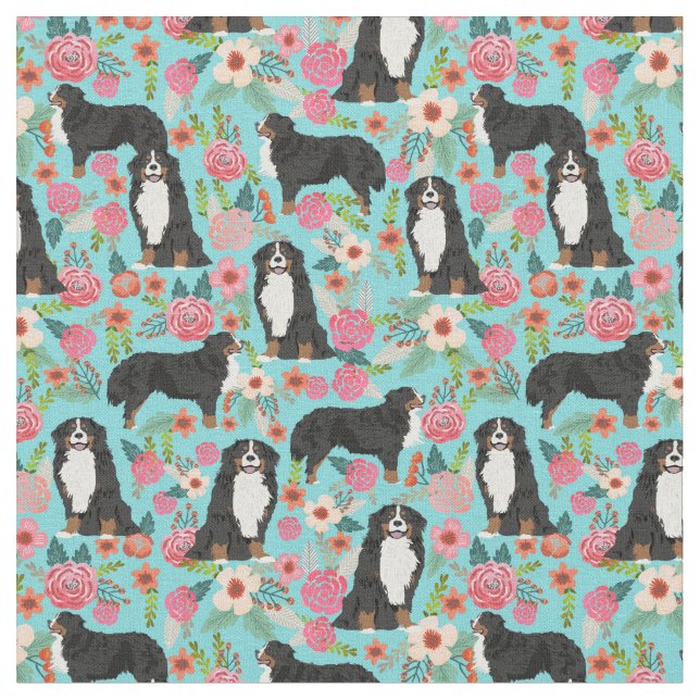 Tecido Bernese Mountain Dog floresce turquesa (Detalhe)