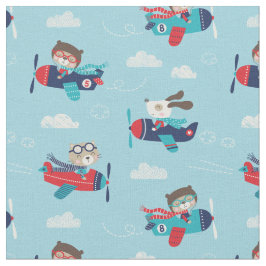 Tecido Bichos Cachorros em Aviões a azul-claro