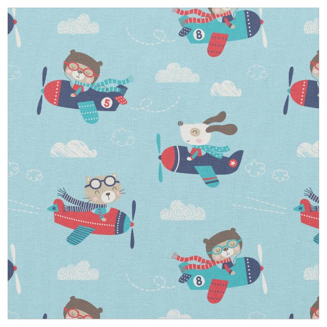 Tecido Bichos Cachorros em Aviões a azul-claro (Detalhe)