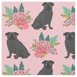 Tecido Black Pug dog rosa floral