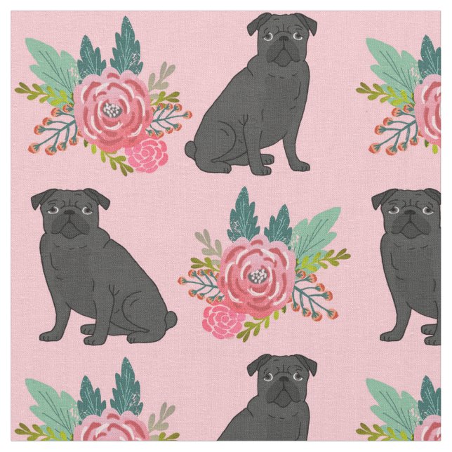 Tecido Black Pug dog rosa floral (Detalhe)
